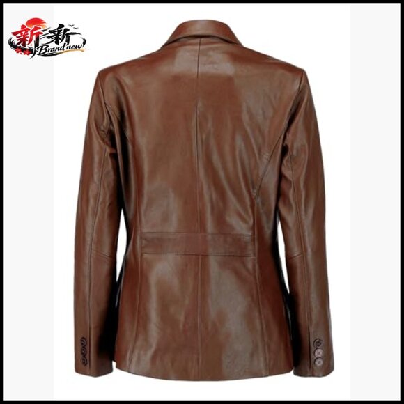 Lambskin Leather Blazer Jacket Women Classic 2-Button Notched Lapel - Picture 2 of 7